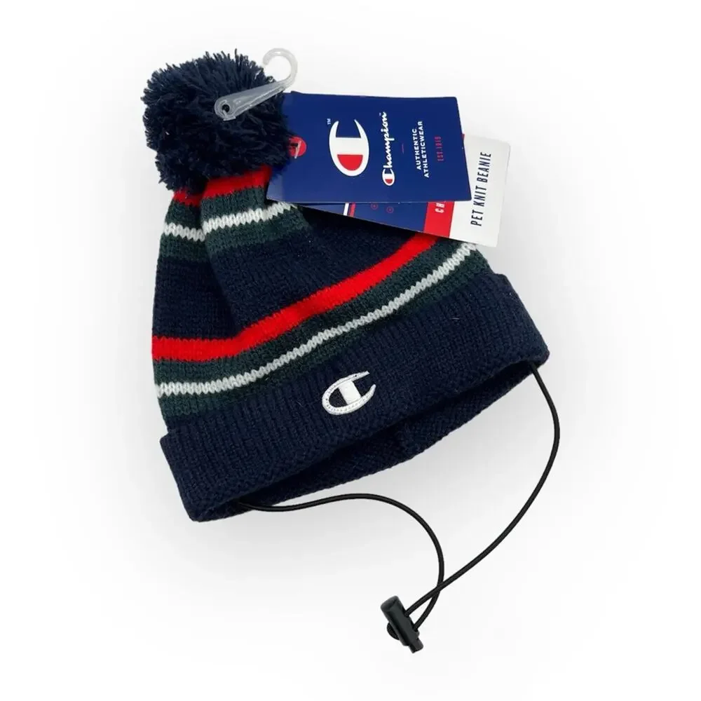 Champion Navy Green Red White Striped Pom-pom Beanie Hat Dog’s Size Large-XL